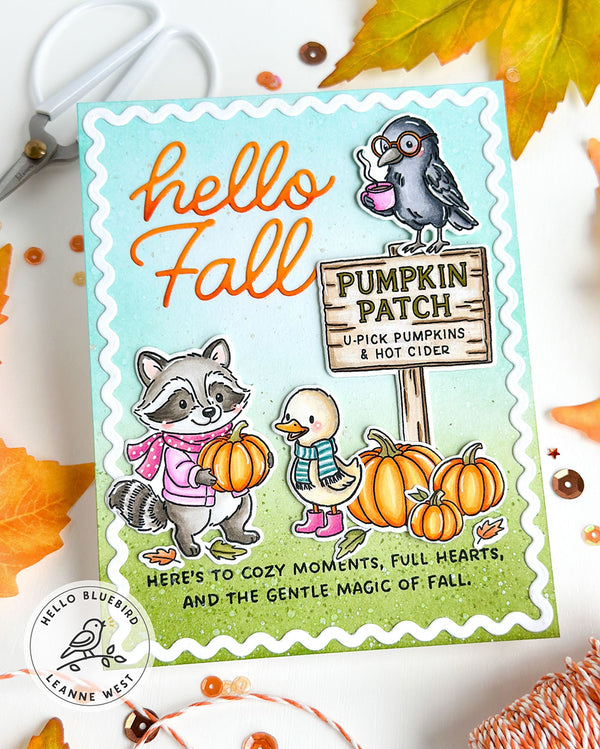 Autumn-themed greeting card with raccoon, duck, and pumpkin patch sign on a light blue background.
