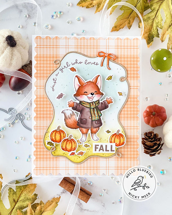 Autumn-themed card with a fox illustration and fall elements on a checkered background.