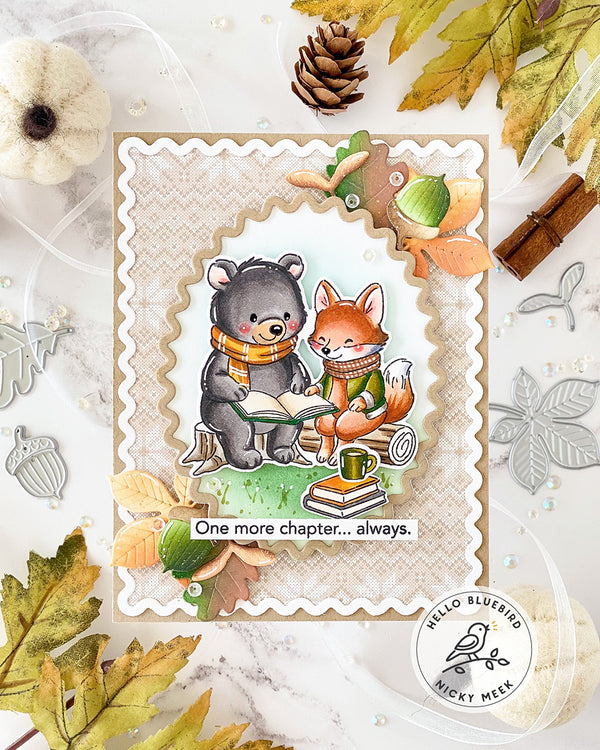Card with bear and fox reading a book, surrounded by autumn elements on a white background.