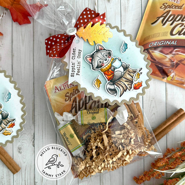 Gift set with Alpine Spiced Apple Cider and decorative packaging on a wooden surface.