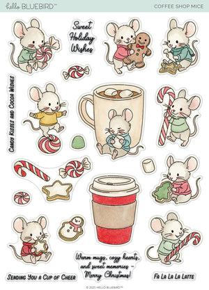 Coffee Shop Mice stamp set.  Stamp set featuring illustrations of mice and coffee cuts with accompanying candy, cookies, and sentiments.