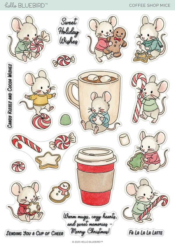 Coffee Shop Mice stamp set.  Stamp set featuring illustrations of mice and coffee cuts with accompanying candy, cookies, and sentiments.