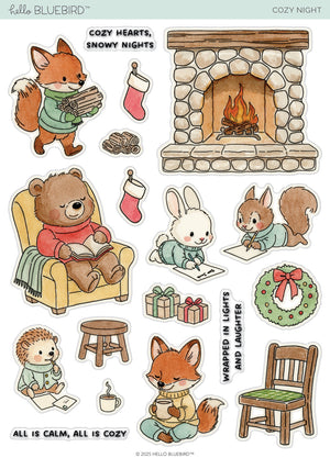 Cozy Night stamp set.  Stamp set featuring illustrations of woodland animals by a fireplace with accompanying accessories and sentiments.