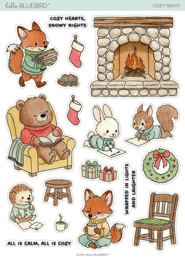 Cozy Night stamp set.  Stamp set featuring illustrations of woodland animals by a fireplace with accompanying accessories and sentiments.