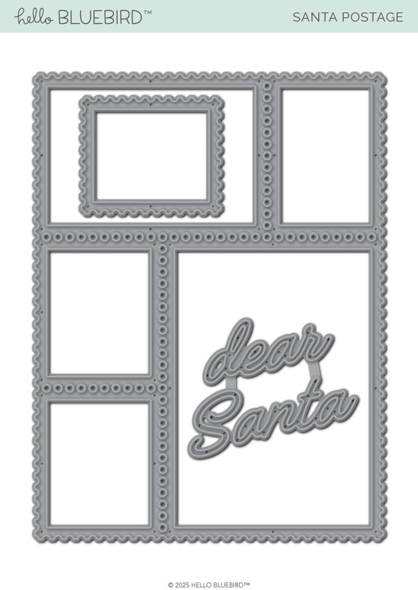 Santa Postage die.  Set of metal dies to cut out postage stamp shapes and a "dear Santa" sentiment.