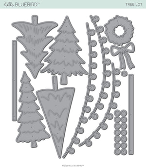 Tree Lot die.  Set of metal dies shaped like trees, poles, and light strings.