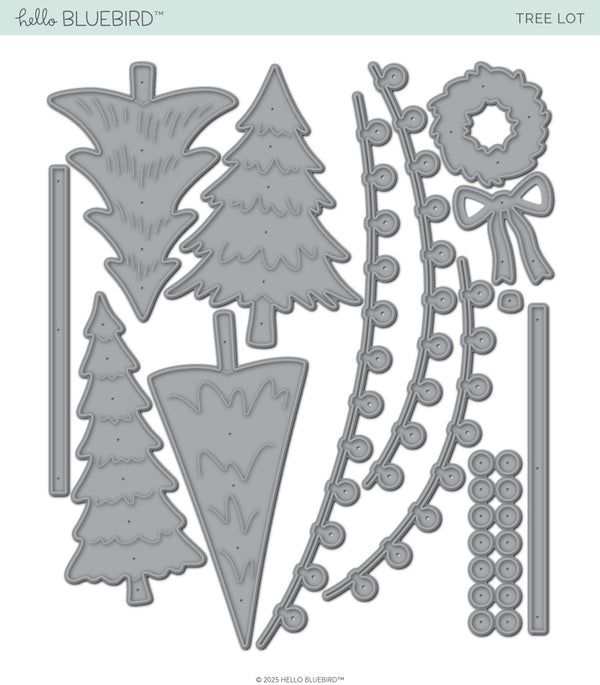 Tree Lot die.  Set of metal dies shaped like trees, poles, and light strings.